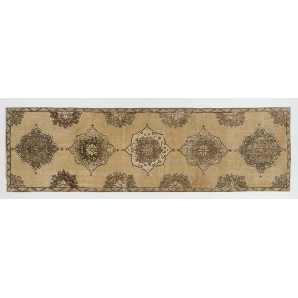 Vintage Anatolian Oushak Runner Rug. Mid-Century Hand-Knotted Wool Carpet