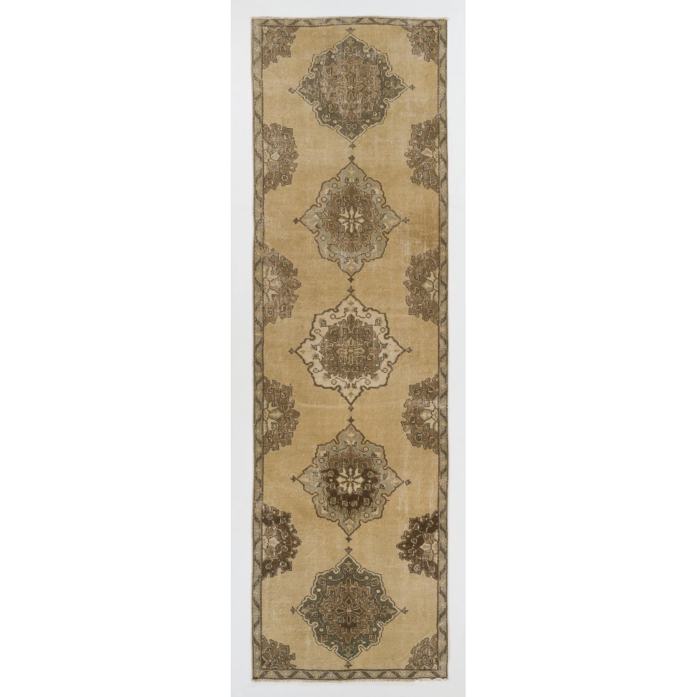Vintage Anatolian Oushak Runner Rug. Mid-Century Hand-Knotted Wool Carpet
