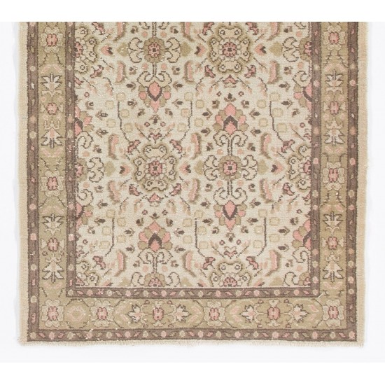 Vintage Turkish Wool Rug in Beige, Faded Green, Soft Pink and Brown