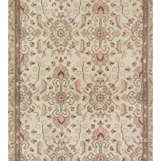 Vintage Turkish Wool Rug in Beige, Faded Green, Soft Pink and Brown