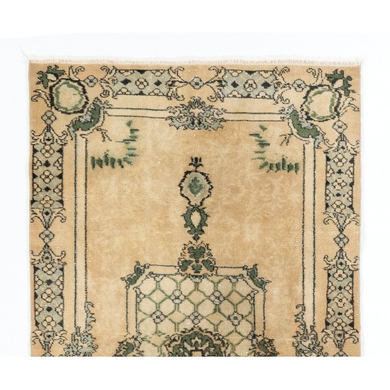 Hand-Knotted Vintage Oushak Accent Rug in Beige, Green and Light Blue Hand-Knotted Vintage Oushak Accent Rug in Beige, Green and Light Blue