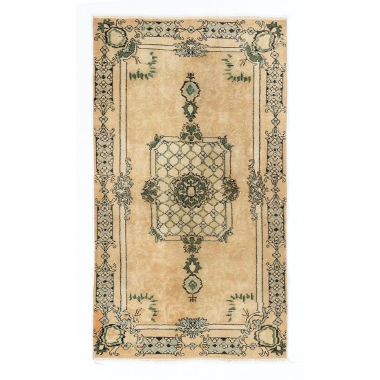 Hand-Knotted Vintage Oushak Accent Rug in Beige, Green and Light Blue Hand-Knotted Vintage Oushak Accent Rug in Beige, Green and Light Blue