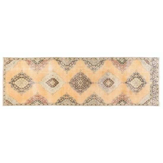 Authentic Vintage Turkish Oushak Wool Runner Rug. Mid-Century Handmade Carpet