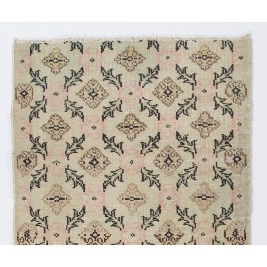 Vintage Floral Design Handmade Anatolian Accent Rug in Beige, Brown, Black, Green and Pink Colors. Woolen Floor Covering