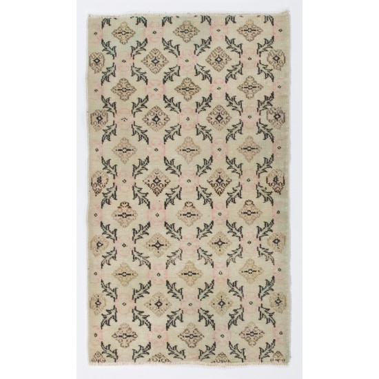 Vintage Floral Design Handmade Central Anatolian Accent Rug in Beige, Brown, Black, Green and Pink Colors. Woolen Floor Covering