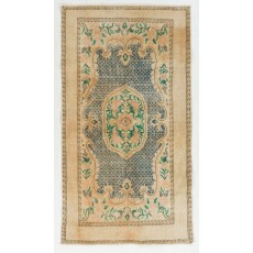 Vintage Turkish Oushak Rug with Central Medallion, Beige and Indigo Blue