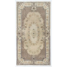 Vintage Handmade Baroque Style Turkish Accent Rug. Neutral Tone Cream, Beige & Brown Colors