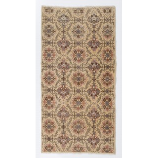 Vintage Handmade Turkish Wool Accent Rug in Sand Beige & Muted Plum with All-Over Lattice Design