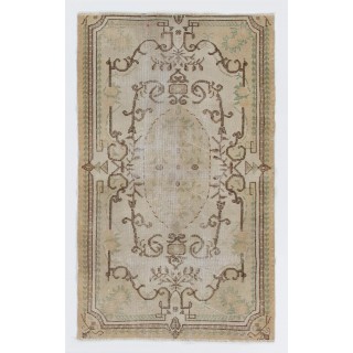 Vintage Handknotted Turkish Wool Accent Rug in Chocolate Brown & Beige with Faded Oval Medallion