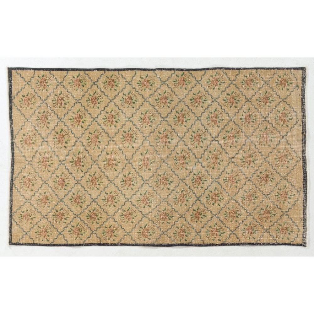 Hand-Knotted Vintage Floral Design Turkish Rug. Wool Carpet, Floor Covering