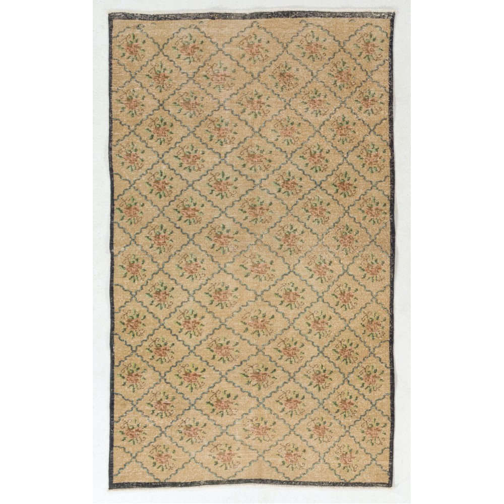Hand-Knotted Vintage Floral Design Turkish Rug. Wool Carpet, Floor Covering