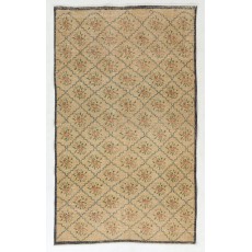 Vintage Handmade Turkish Wool Rug in Neutral Camel & Beige with Diamond Lattice Pattern