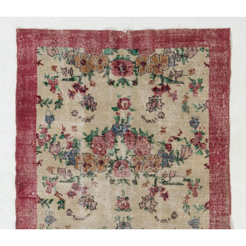 Vintage Hand Knotted Turkish Floral Rug with Low Wool Pile in Red and Ivory