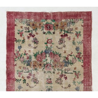Vintage Hand Knotted Turkish Floral Rug with Low Wool Pile in Red and Ivory Vintage Hand Knotted Turkish Floral Rug with Low Wool Pile in Red and Ivory