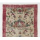 Vintage Hand Knotted Turkish Floral Rug with Low Wool Pile in Red and Ivory