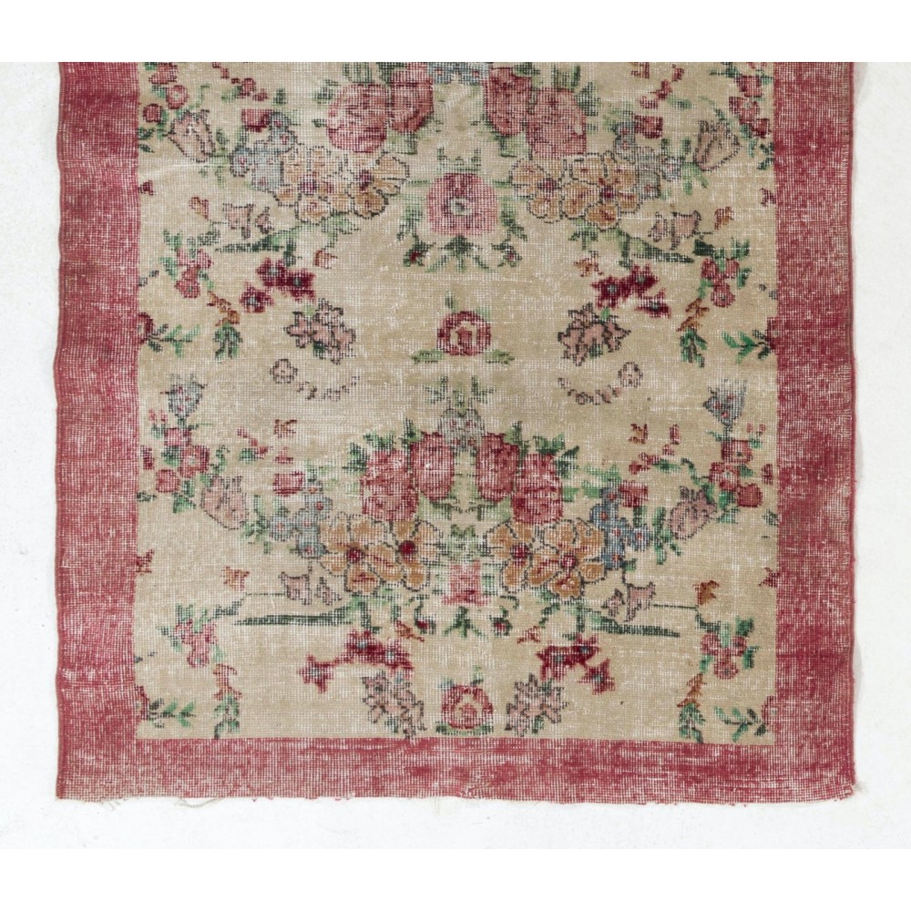 Vintage Hand Knotted Turkish Floral Rug with Low Wool Pile in Red and Ivory