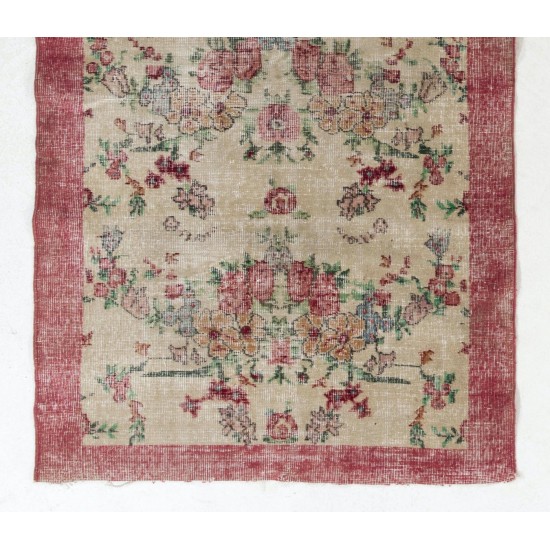 Vintage Hand Knotted Turkish Floral Rug with Low Wool Pile in Red and Ivory
