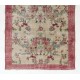Vintage Hand Knotted Turkish Floral Rug with Low Wool Pile in Red and Ivory