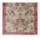 Vintage Hand Knotted Turkish Floral Rug with Low Wool Pile in Red and Ivory