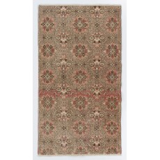 Vintage Handknotted Turkish Wool Accent Rug in Muted Brown, Coral & Taupe with All-Over Floral Lattice
