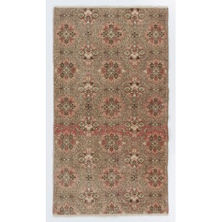 Vintage Handknotted Turkish Wool Accent Rug in Muted Brown, Coral & Taupe with All-Over Floral Lattice