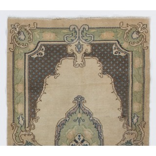 Vintage Handknotted Turkish Wool Accent Rug in Neutral Taupe, Ivory & Muted Mint with Floral Design Vintage Handknotted Turkish Wool Accent Rug in Neutral Taupe, Ivory & Muted Mint with Floral Design