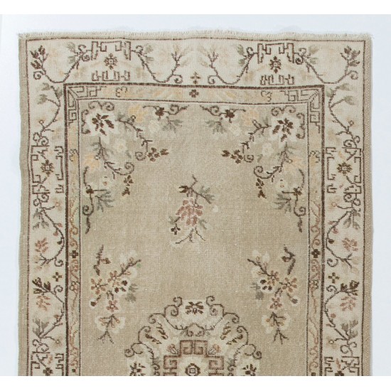 Art Deco Chinese design Vintage Turkish Rug in Neutral Colors. Hand Knotted Wool Carpet