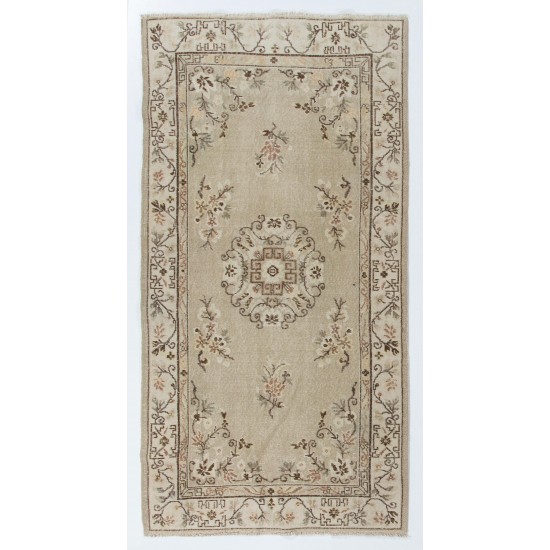 Art Deco Chinese design Vintage Turkish Rug in Neutral Colors. Hand Knotted Wool Carpet