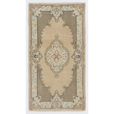 Vintage Handknotted Turkish Wool Accent Rug in Neutral Taupe & Sand Beige with Medallion Design