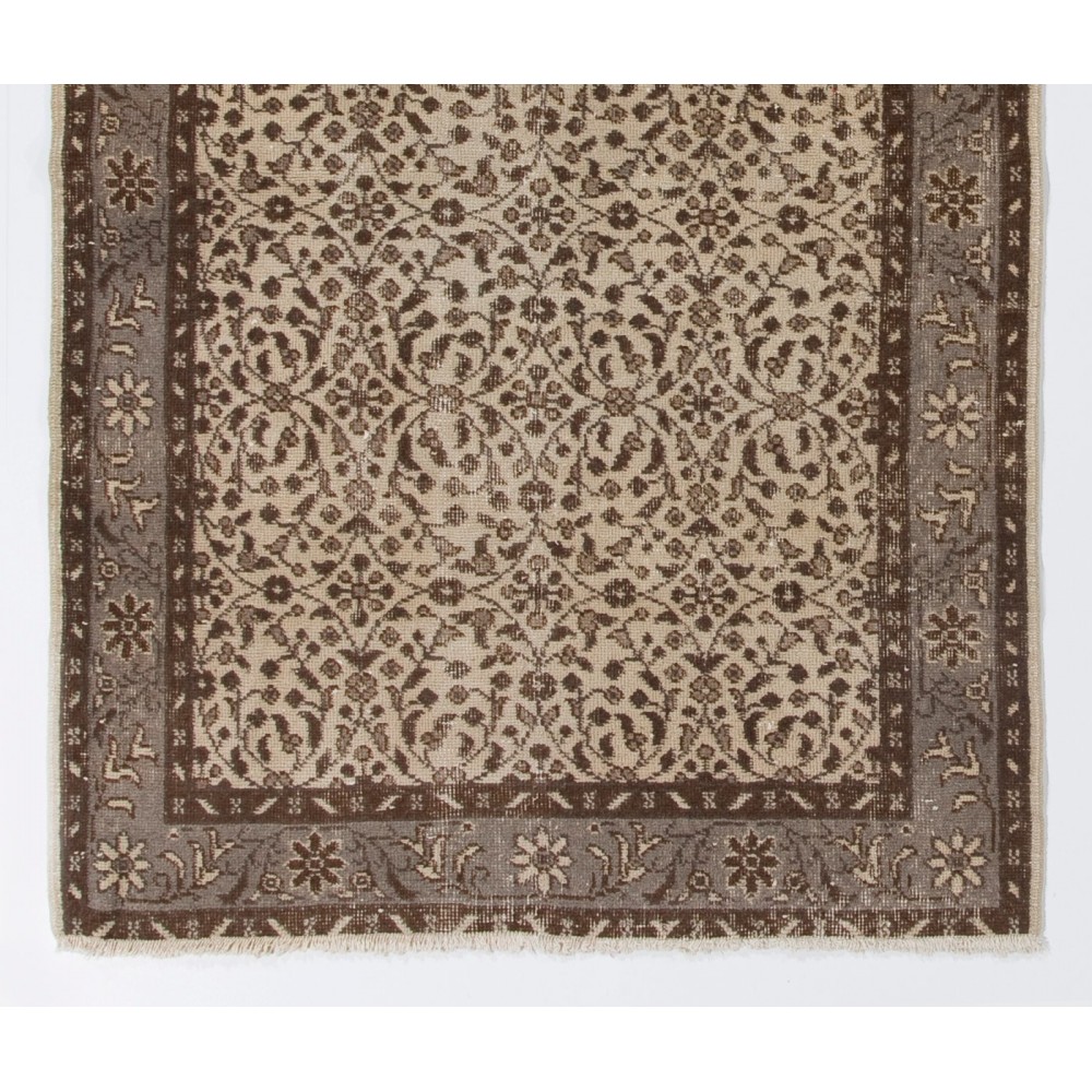 Vintage Handmade Turkish Oushak Accent Rug with All-Over Floral Design. Farmhouse Decor Small Carpet in Beige & Brown