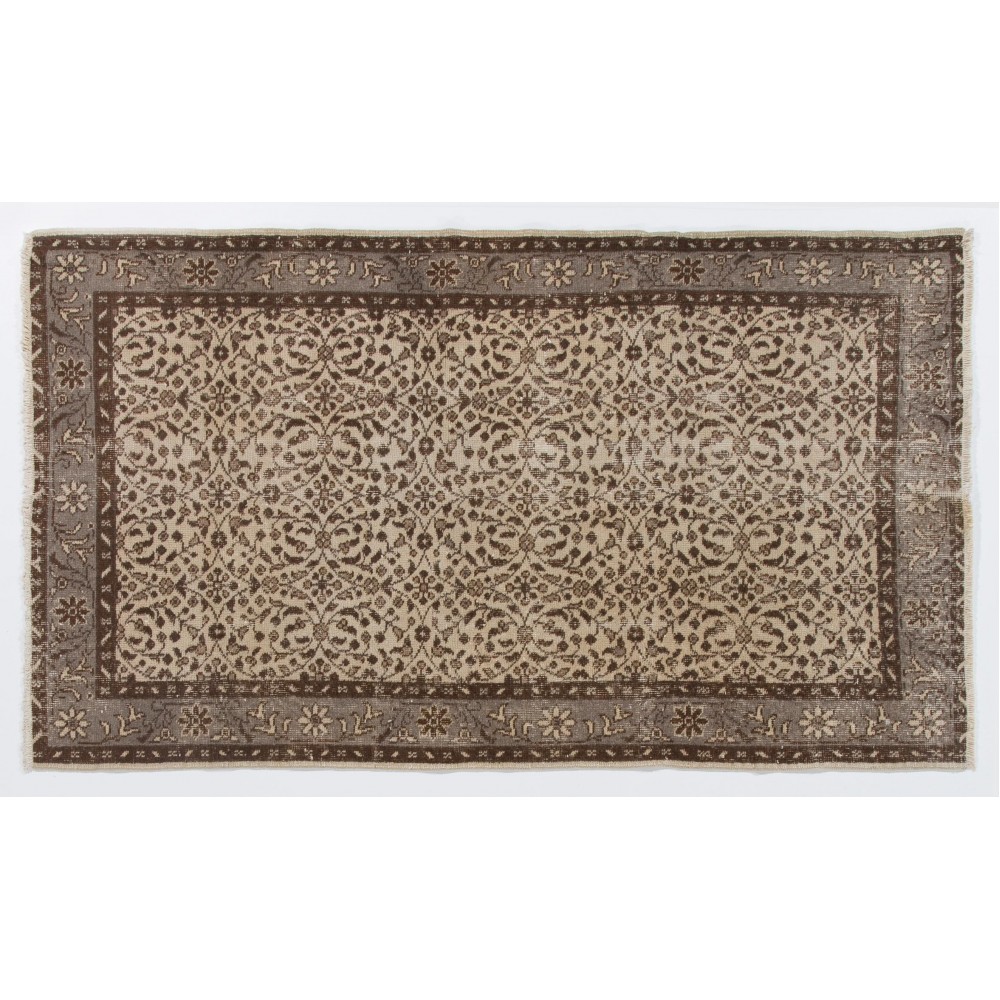 Vintage Handmade Turkish Oushak Accent Rug with All-Over Floral Design. Farmhouse Decor Small Carpet in Beige & Brown
