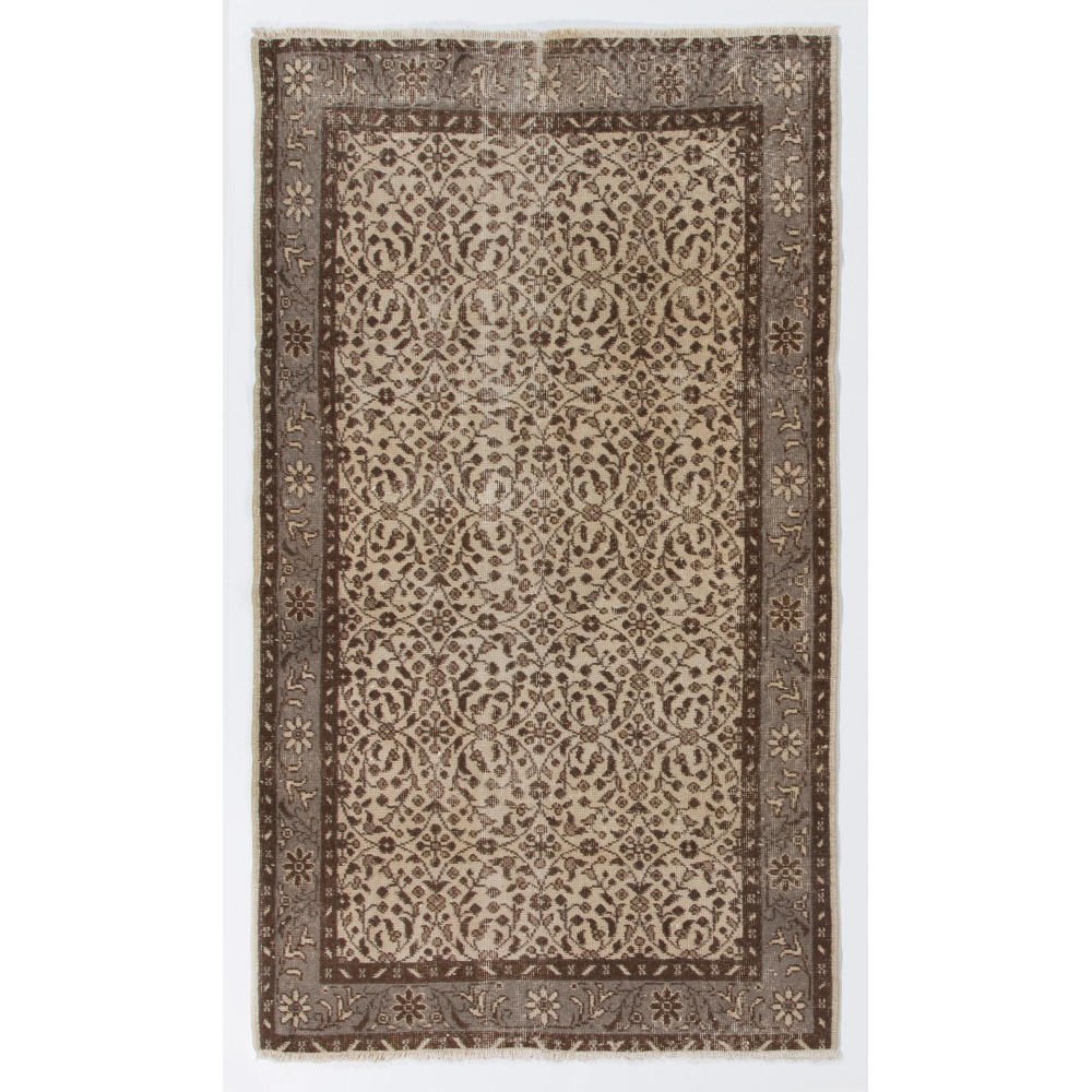 Vintage Handmade Turkish Oushak Accent Rug with All-Over Floral Design. Farmhouse Decor Small Carpet in Beige & Brown