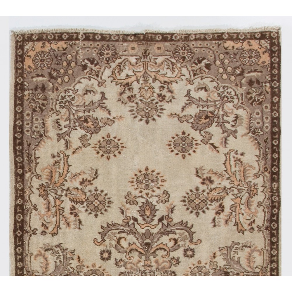 Hand-knotted Vintage Floral Garden Design Wool Turkish Area Rug in Neutral Colors