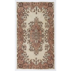 Vintage Handknotted Turkish Accent Rug in Soft Salmon & Beige with Traditional Floral Medallion