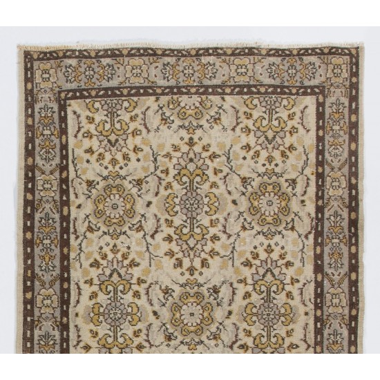 Beige Hand Knotted Vintage Turkish Oushak Rug with All-Over Floral Design