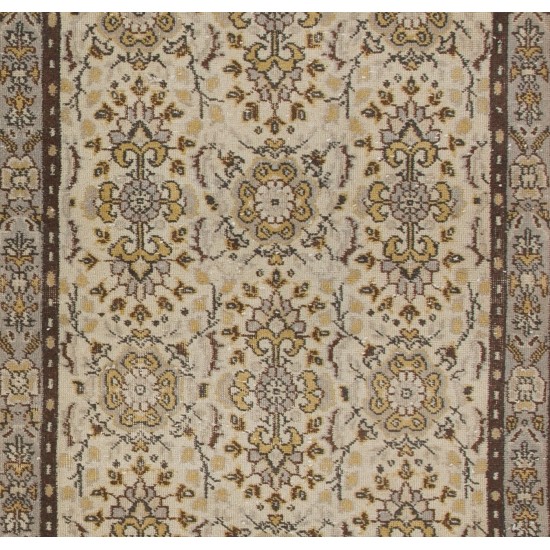 Beige Hand Knotted Vintage Turkish Oushak Rug with All-Over Floral Design