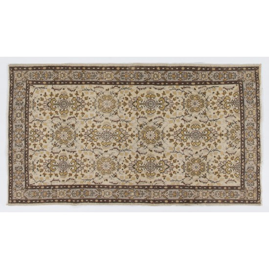 Beige Hand Knotted Vintage Turkish Oushak Rug with All-Over Floral Design