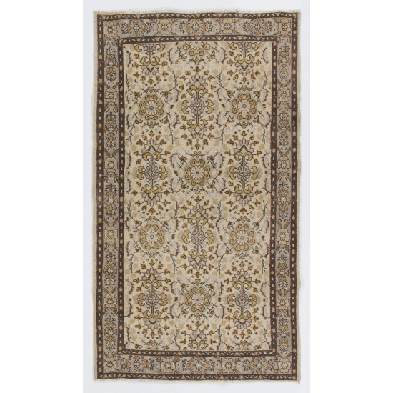 Beige Hand Knotted Vintage Turkish Oushak Rug with All-Over Floral Design