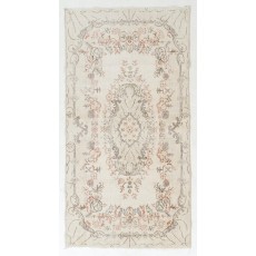 Vintage Handknotted Turkish Oushak Accent Rug in Cream, Muted Sage & Soft Coral with Floral Medallion Design
