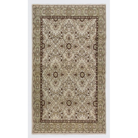 Floral MidCentury Rug in Ivory, Brown and Soft Faded Green Color