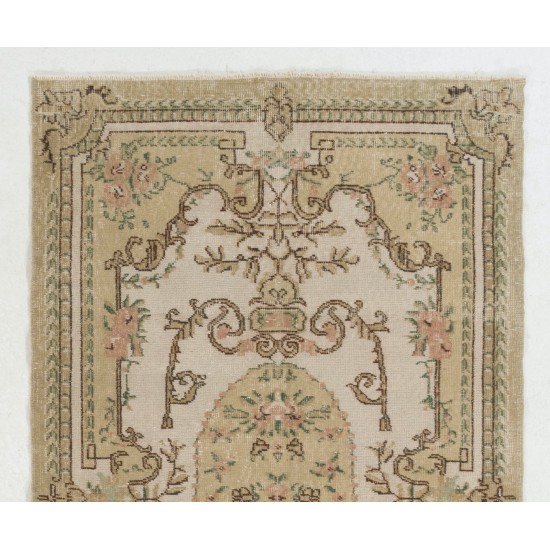 Mid-Century Floral Design Rug in French Style. Vintage Handmade Anatolian Carpet
