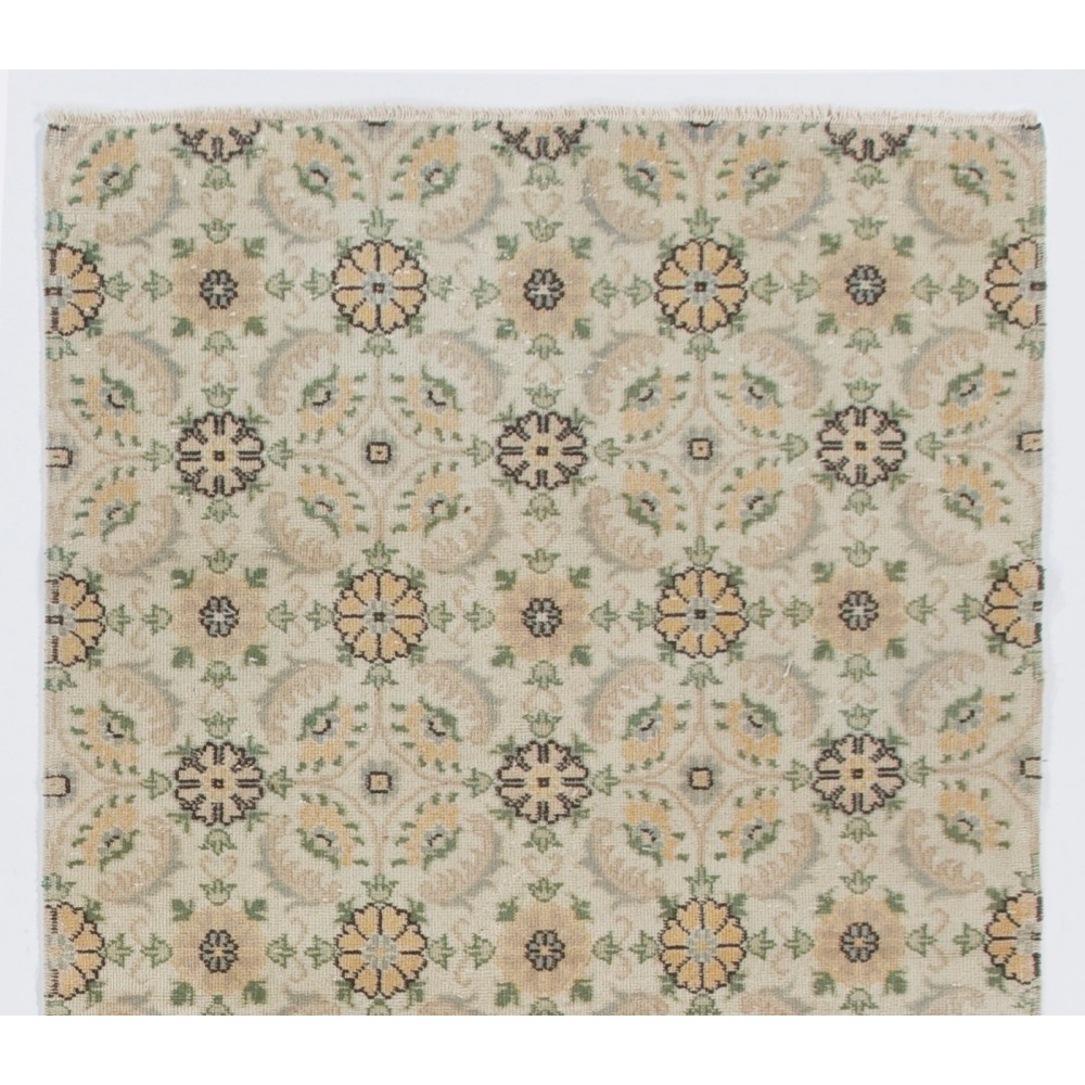 Vintage Floral Design Turkish Rug in Soft Colors. Handmade Carpet