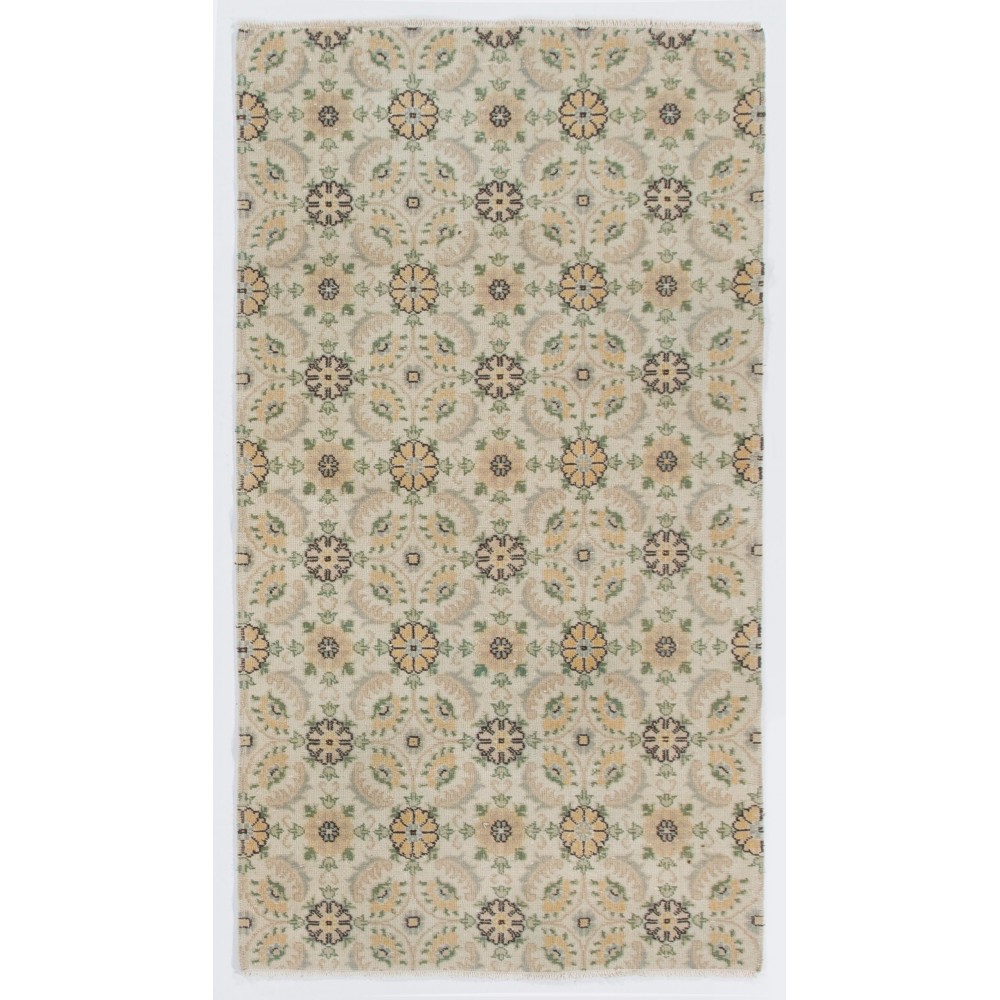 Vintage Floral Design Turkish Rug in Soft Colors. Handmade Carpet