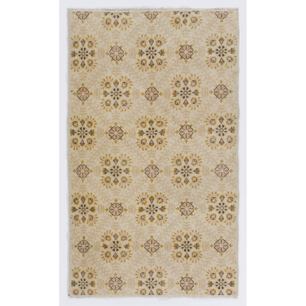 Vintage Turkish Deco Wool Rug, Handmade Floral Patterned Small Carpet