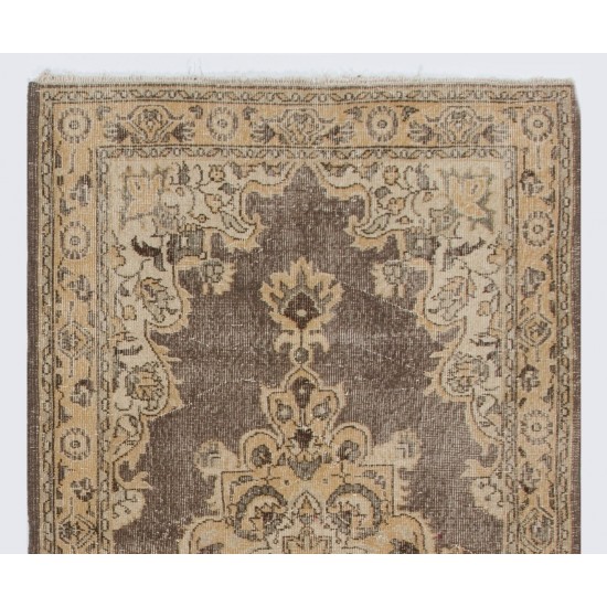 Vintage Turkish Rug. Handmade Wool Carpet. Beige, brown, soft sandy yellow colors, ca 1970.