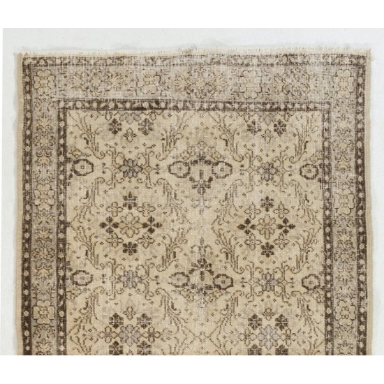 Distressed Vintage Floral Design Handmade Central Anatolian Rug in Neutral Colors. Woolen Floor Covering