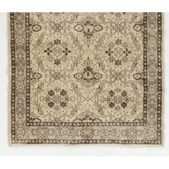 Distressed Vintage Floral Design Handmade Central Anatolian Rug in Neutral Colors. Woolen Floor Covering