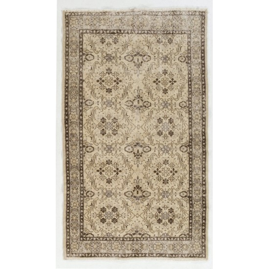 Distressed Vintage Floral Design Handmade Central Anatolian Rug in Neutral Colors. Woolen Floor Covering