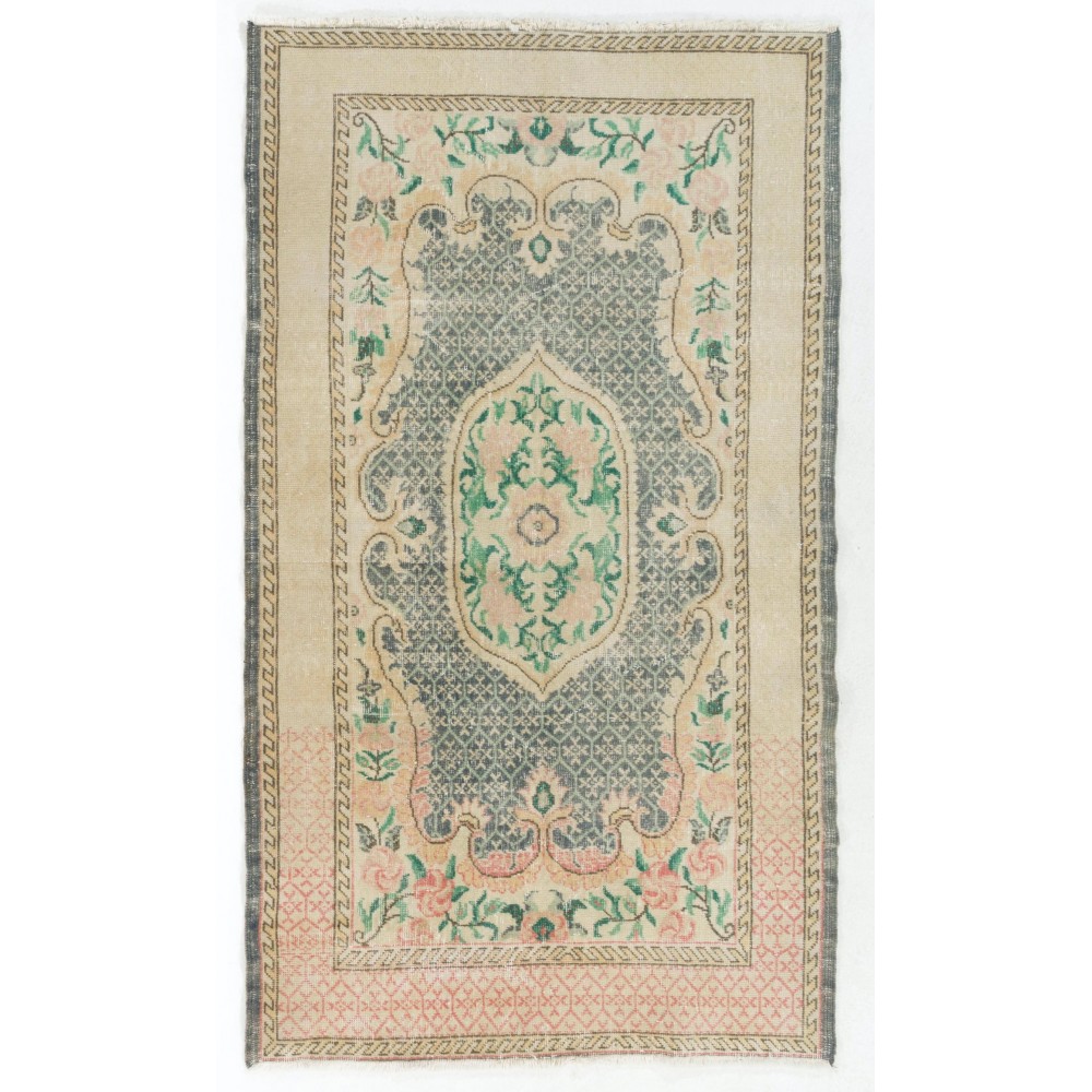 Hand-Knotted Turkish Rug in Soft Colors. One-of-a-Kind Vintage Oushak Carpet