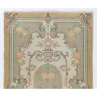 Handknotted Vintage Turkish Wool Accent Rug in Faded Grey & Ivory with Mint Green & Mustard Floral Design Handknotted Vintage Turkish Wool Accent Rug in Faded Grey & Ivory with Mint Green & Mustard Floral Design